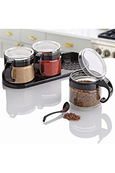 Epilons Black 3-Piece Stand Covered Glass Air Leakproof Spice Rack Set with Spoon Kc-386