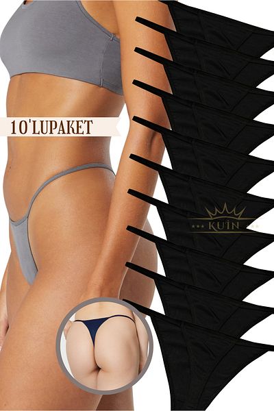KUIN Pack of 10 Rope Strap Cotton, Lycra Combed String Thong Black Panties