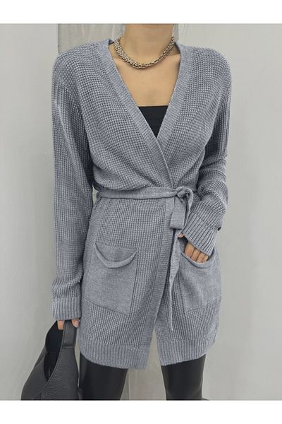 Modamorfo Solid Brass Knitted Knitwear Cardigan - Lace-Up, Gray