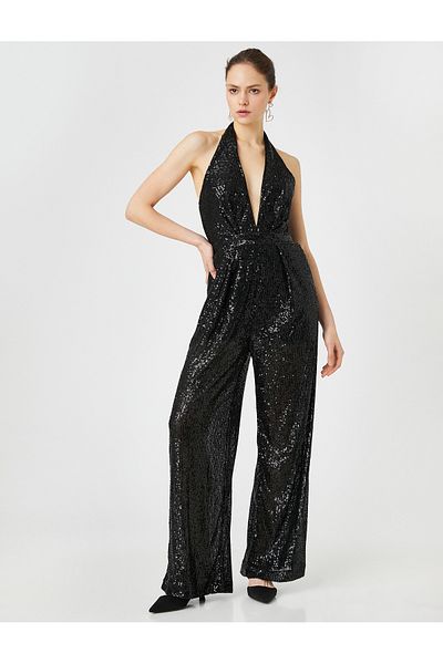 Koton Paillettenbesetzter Abendkleid-Overall, tief ausgeschnittener Rücken, tiefer V-Ausschnitt