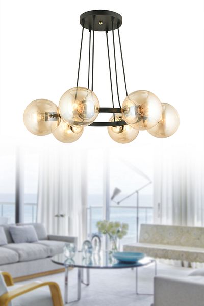SONSUZ AYDINLATMA&AVİZE Infinite Black 6-Piece Ring Honey Globe Glass Modern Chandelier