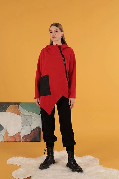 Lukas Red Women's Knitted Cardigan with Asymmetric Cut and Zipper - Three Thread