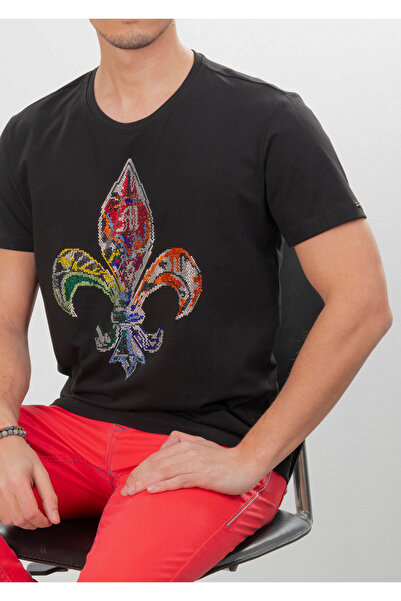 Mondo Pullu Siyah Oval Yaka T-Shirt