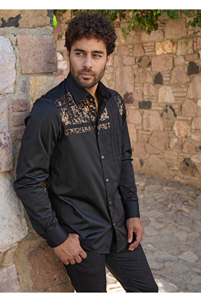 Mondo Nervürlü Gold Harf Detaylı Siyah Gömlek