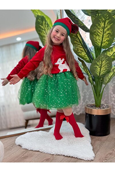 GÖKJOY BUTİK Premium Quality Cotton Strip Sweater, Hat Included Girl's Tutues with Skirts Christmas /Newname 3-Piece Set