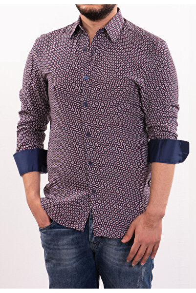 Mondo Bordo-Lacivert Desenli Gömlek