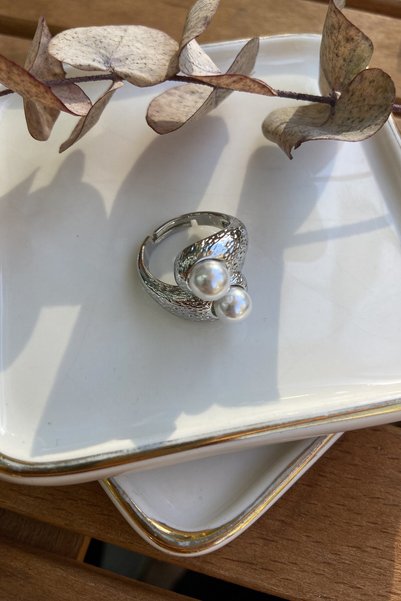 My Joyas Design 14K Altın Kaplama Su Damlası Üzeri İnci Yüzük Silver