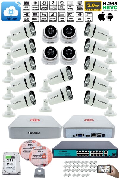 Kadraj IP Güvenlik Kamera Seti - 4 İç Mekan IP Kamera, 12 Dış Mekan IP Kamera, 2TB H.D.D, 16 Kanal NVR, Gec