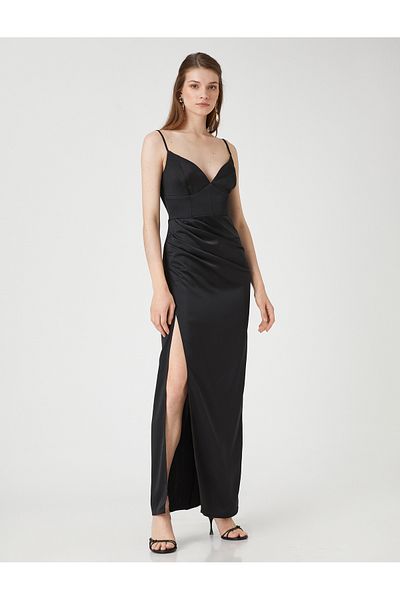 Koton Satin Evening Dress Strap Draped Slit