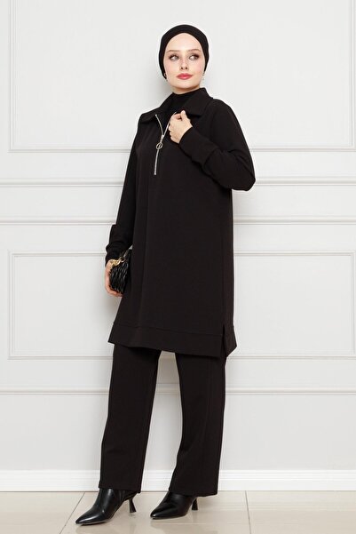 Sevitli Λεπτομερές διπλό κοστούμι με φερμουάρ στο γιακά-Μαύρο