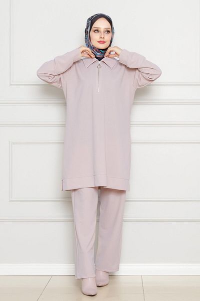 Sevitli Stone Color Zippered Collar Double Set