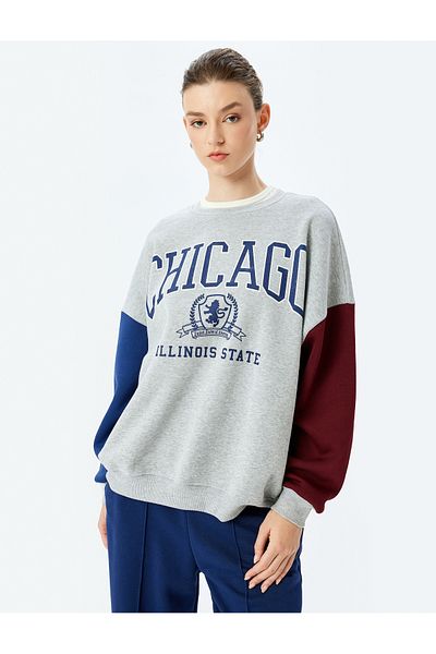 Koton Color Block Long Sleeve Crew Neck Printed Oversize Sweatshirt