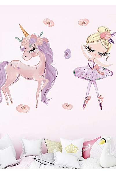 WALLHUMAN Lila Balerin Kız Ve Ünicorn Çocuk Odası Duvar Stickerı