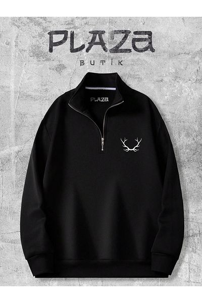 Plaza Butik Unisex Half Zipper Printed Sweatshirt