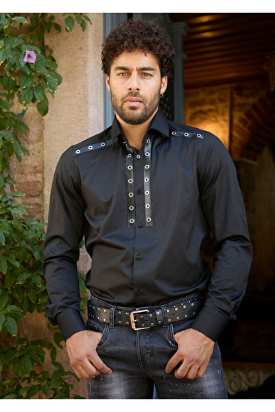 Mondo Kuş Gözü Detaylı Siyah Gömlek