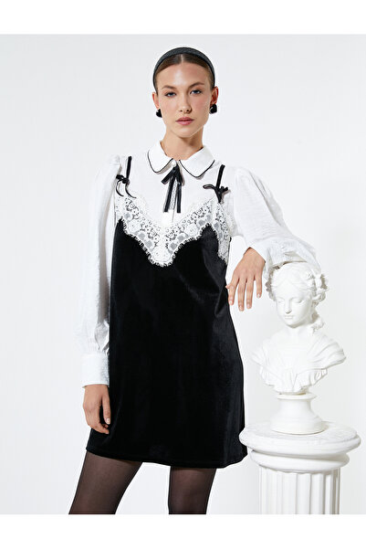 Koton Βελούδινο Μίνι Φόρεμα - Λεπτές τιράντες και Δαντελένιο Γιακά