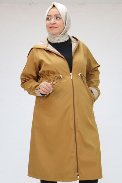 Eslina 43053 Plus Size Hooded Striped Trench Coat - Camel