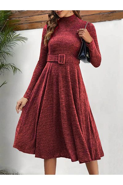 modaserdem Rochie midi moale pentru femei, cu mâneci lungi, cu detaliu de curea