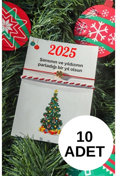 H Heroplez Yılbaşı Bilekliği 10 Adet Yenil Yıl Hediyesi Yonca Kırmızı Ipli Şa...