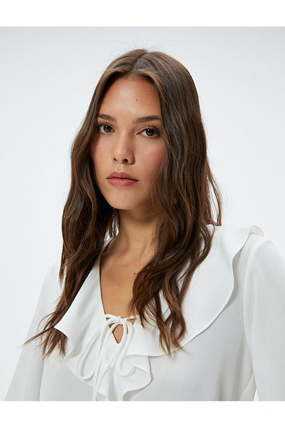 Koton Balloon Sleeve Blouse Frilly V-Neck with Tie Detail