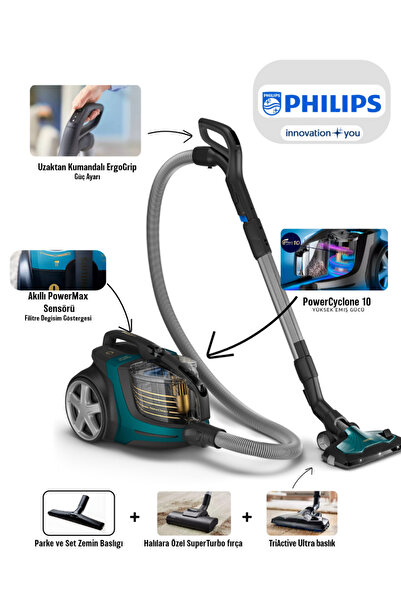 Philips Yüksek Çekim Gücü ve Kalite, Akıllı Açılma/Kapanma özellikli +Led Başlık Torbasız Süpürge