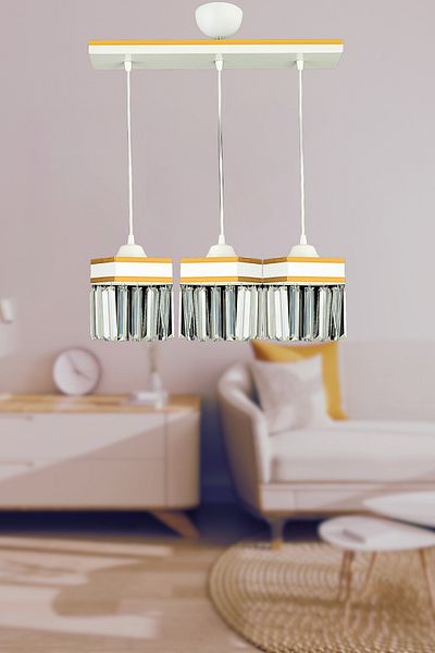 SONSUZ AYDINLATMA&AVİZE Infinite 3-Piece White Pendant Lamp Row Crystal Stone Yellow Stripe Square Downward Facing Luxury Chandelier