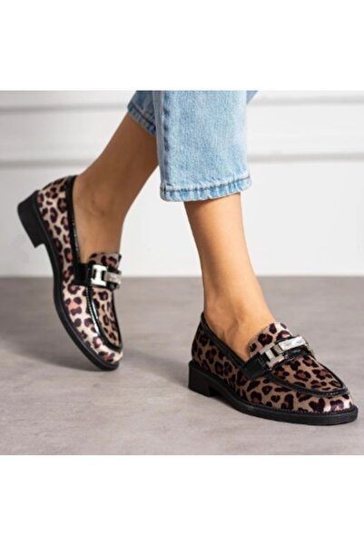 Park Moda PM386 K905 Leopar Oxford Tarz Tokalı Şık Babet Ayakkabı