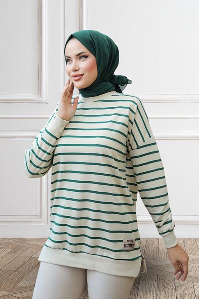 LumiDress Women's Hijab Clothing Green Striped Hijab Tunic Hijab Sweatshirt