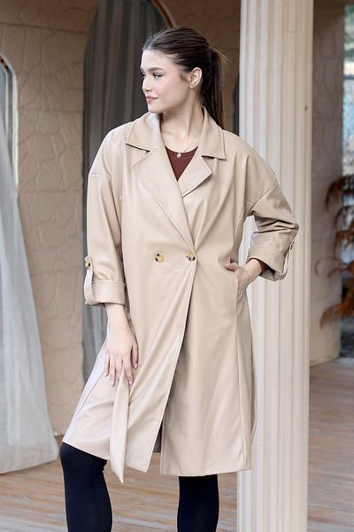 Rays 7327a Trench cu centură din piele artificială model Camel - Detaliat nasturi