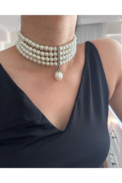 vogutima Women's Bijouterie Necklace - 4 Row Glass Pearl Design Choker, Hürrem Sultan Model Bronze Material Bridal