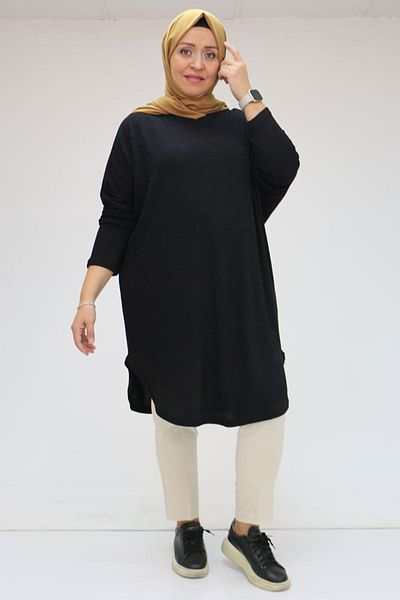 Eslina 38172 Plus Size Χαμηλό μανίκι Mir Πλεκτό τουνίκ-Μαύρο