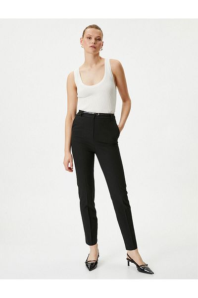 Koton High Waist Belted Black Women's Trousers - 4sak40031uw