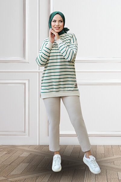 LumiDress Women's Hijab Clothing Green Striped Hijab Tunic Hijab Sweatshirt