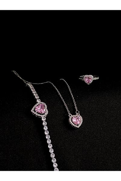 Tasarım Pink Heart Zircon Stone Steel Necklace Ring Bracelet Set
