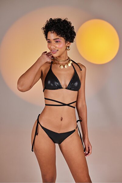 HOLLY LOLLY Özel Yapım Parlak Kumaşlı H Aksesuarlı V Kesim Ivory Bikini Altı Siyah