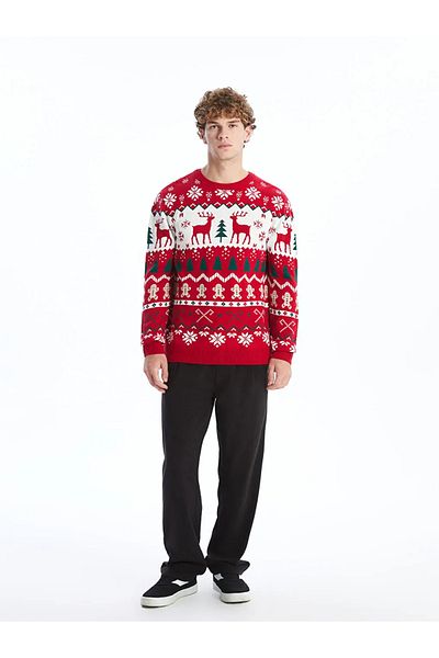 LC Waikiki Xside Red Crew Neck Long Sleeve Christmas Themed Men's Knitwear Sweater