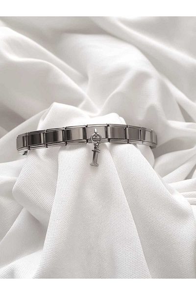 bijoux uniques Steel Hanging Letter I Italian Charm Bracelet