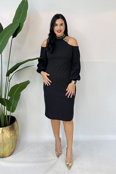 GÖKSEL Rhinestone Plus Size Dress with Shoulder Detail - Black