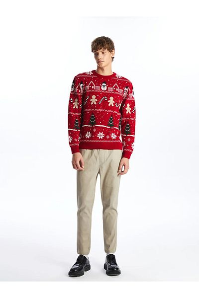 LC Waikiki Xside Red Crew Neck Long Sleeve Christmas Themed Men's Knitwear Sweater