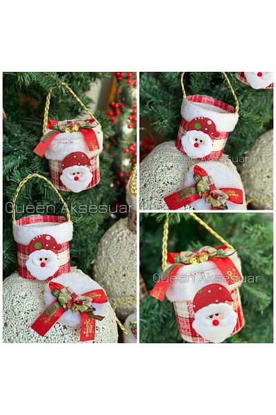 QUEEN AKSESUAR Imported Luxury Christmas Cylinder Gift Box with Lid Pine Tree Ornament Pendant Santa Claus Pattern Plaid