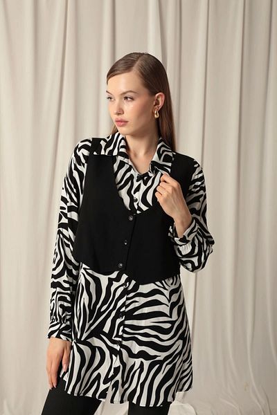 SaklıModa Women's Zebra Shirt with Viscose Fabric Vest