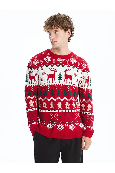 LC Waikiki Xside Red Crew Neck Long Sleeve Christmas Themed Men's Knitwear Sweater