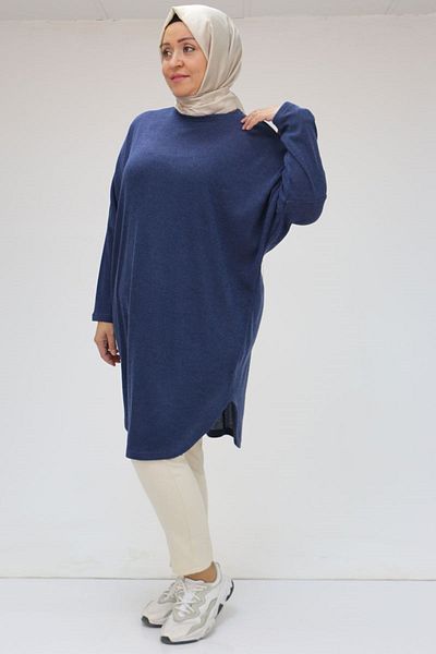 Eslina 38172 Plus Size Χαμηλό μανίκι Mir Knitwear Tunic - Indigo