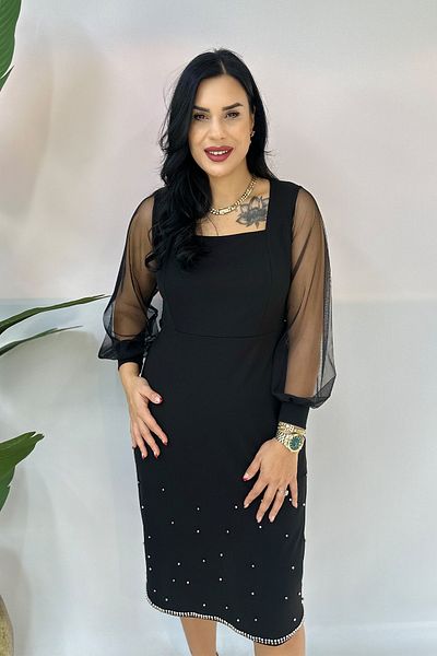 GÖKSEL Tulle Detail Square Neck Plus Size Dress - Black