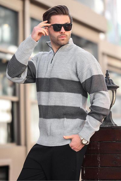 Madmext Gray Zipper Collar Striped Men's Sweater E7272