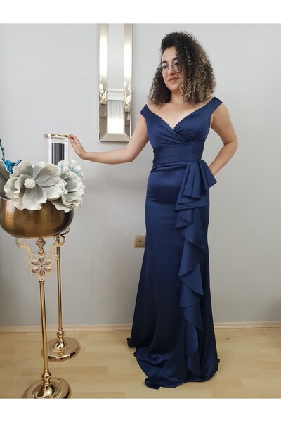 FERGAN Women's Dark Blue Satin Flooled Fish Evening Dress