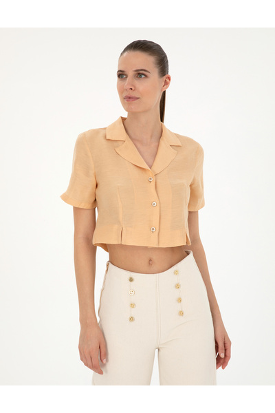 Pierre Cardin Bej Keten Karışımlı Slim Fit Crop Gömlek 50284703-VR011