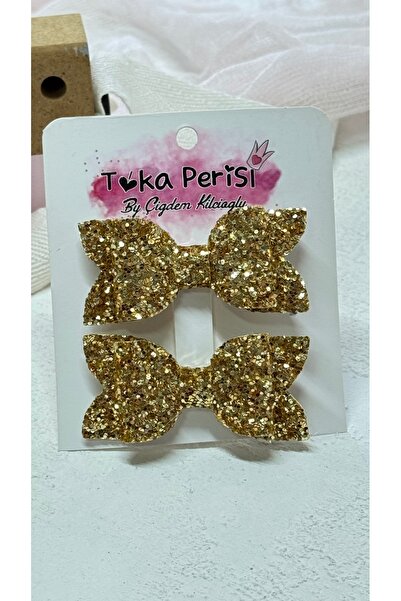 Toka Perisi Gold Gold Glittery Mini Bow 2-Piece Metal Clip Buckle