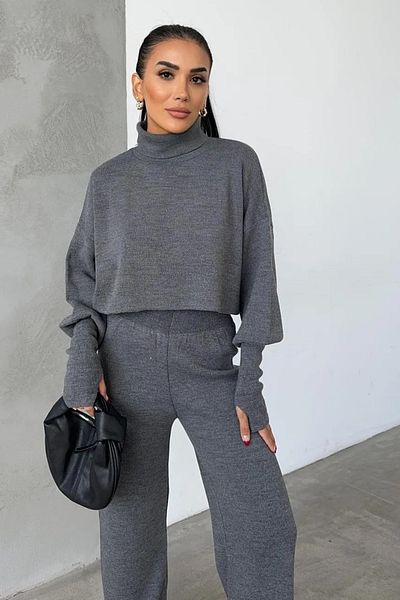 WOMAN VISION Pulover cu gât și pantaloni tricotați cu talie înaltă - Costum Antresite 015