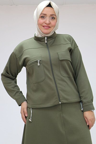 Eslina 47083 Khaki Plus Size Stand Collar Zippered Skirt and Jacket Set